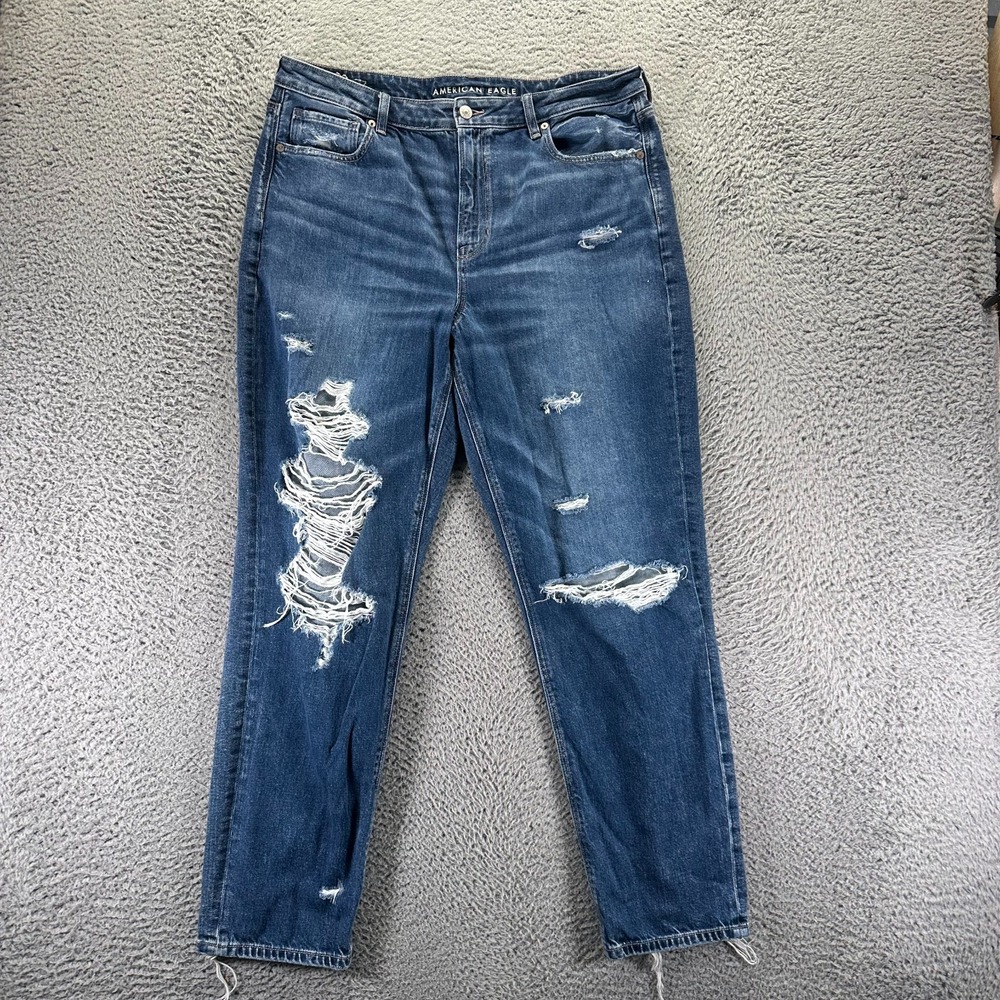 American Eagle Outfitters Strigid Jeans Womens 16 Blue Denim Mom Faded‎ Stretch